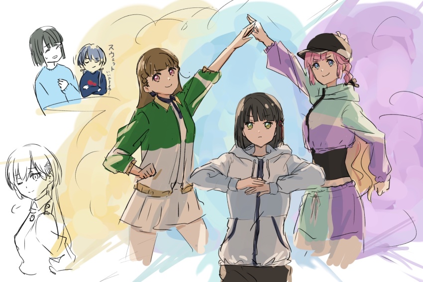 5girls, ;), anyoji_hime, anyoji_hime_(winter_training_wear), arm_up, baseball_cap, black_hair, black_hat