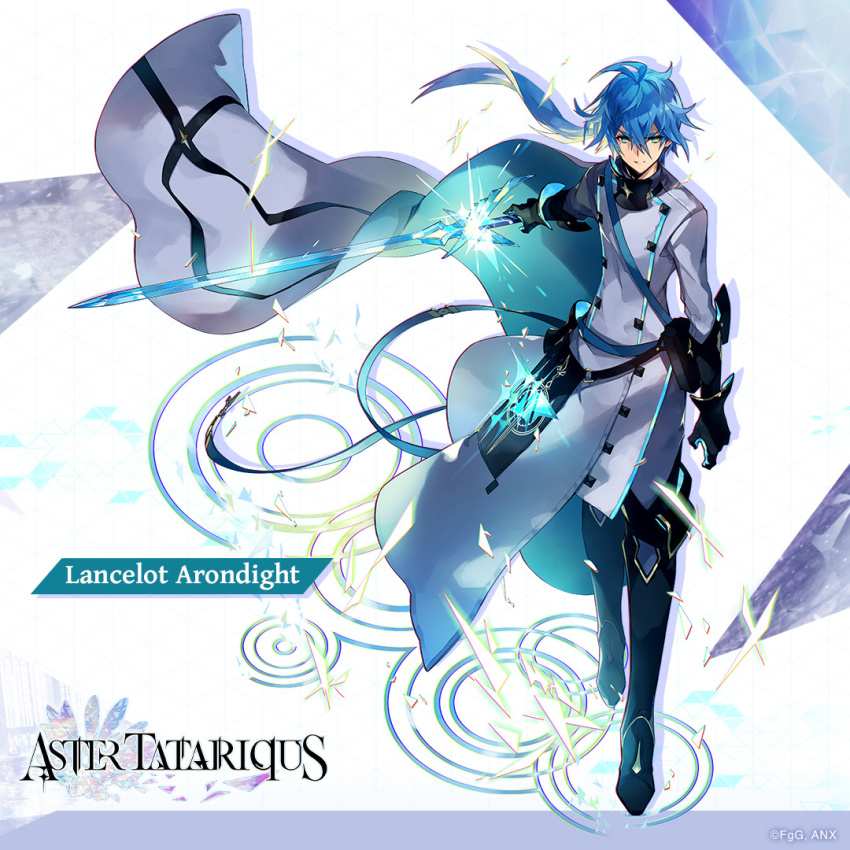 1boy, aster_tatariqus, black_boots, black_gloves, blue_eyes, blue_hair, boots, character_name