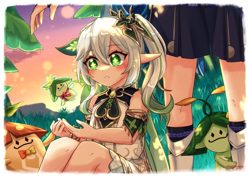 1boy, 1girl, absurdres, aranara_(genshin_impact), armlet, artist_name, asymmetrical_sidelocks, bare_shoulders, black_shorts, black_socks, bloomers, blush, border, bow, bowtie, bracelet, cross-shaped_pupils, detached_sleeves, doll, dress, dusk, eyelashes, fringe_trim, genshin_impact, gold, gold_trim, grass, green_eyes, green_hair, green_sleeves, hair_between_eyes, hair_ornament, hakama, hakama_shorts, highres, japanese_clothes, jewelry, knees, leaf, leaf_hair_ornament, leg_warmers, legs_together, long_hair, midair, multicolored_hair, nahida_(genshin_impact), night, on_ground, open_hand, open_hands, parted_lips, pleated_shorts, pointy_ears, purple_rope, redzeverin, rope, scaramouche_(genshin_impact), shorts, side_ponytail, sidelocks, sitting, sky, socks, star_(sky), starry_sky, streaked_hair, stuffed_toy, symbol-shaped_pupils, underwear, wanderer_(genshin_impact), white_bloomers, white_border, white_dress, white_hair, white_leg_warmers, white_mouth