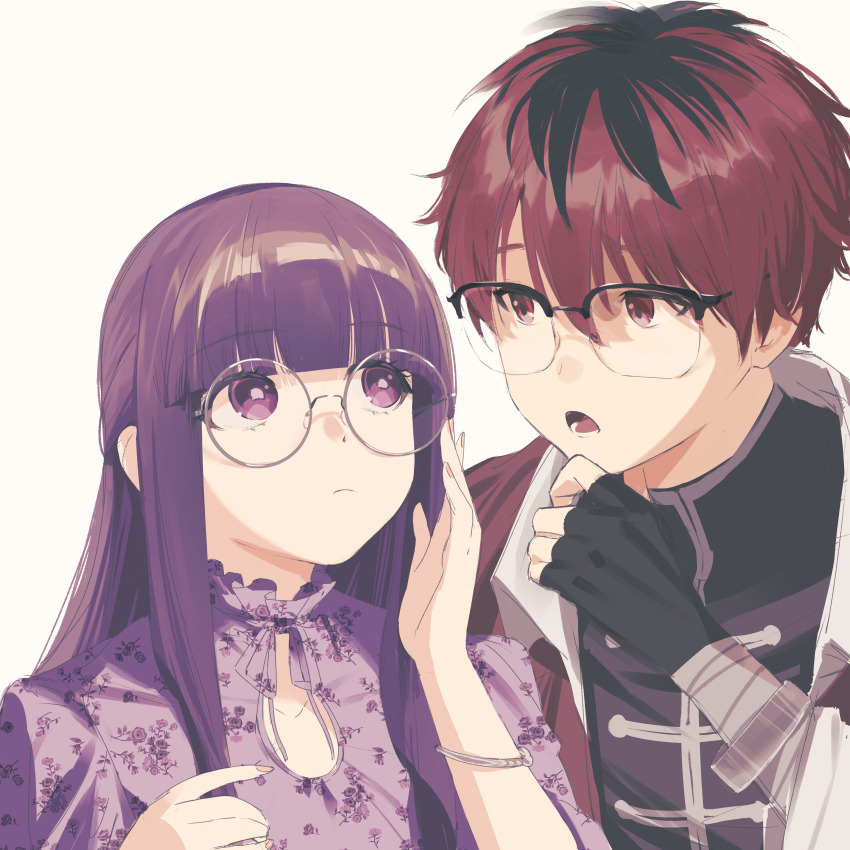 1boy, 1girl, absurdres, adjusting_eyewear, bandages, bespectacled, black_gloves, black_hair