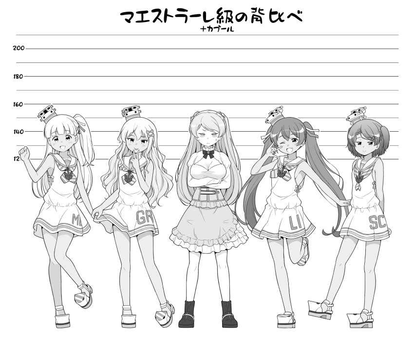 5girls, anchor_hair_ornament, anchor_necklace, anchor_ornament, bow, breasts, cleavage_cutout, clothing_cutout