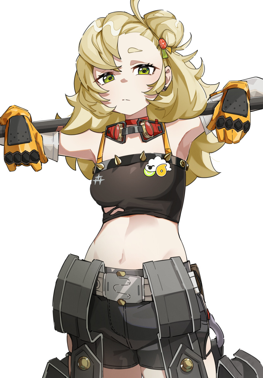 1girl, absurdres, armpits, blonde_hair, breasts, closed_mouth, cowboy_shot, detached_pants, detached_sleeves, earrings, gloves, goggles, goggles_around_neck, green_eyes, hair_bun, highres, jape_(ja_pehhhh), jewelry, linea_alba, long_hair, looking_at_viewer, navel, piper_wheel, short_eyebrows, simple_background, single_earring, small_breasts, solo, white_background, yellow_gloves, zenless_zone_zero