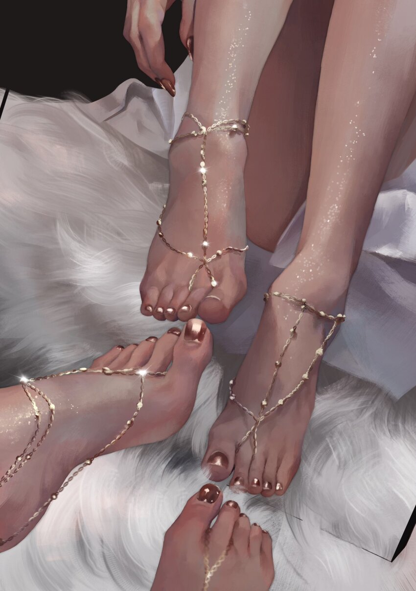 1girl, 3aem, barefoot, carpet, feet, foot_focus, highres, jewelry, long_toes, lower_body, mirror, nail_polish, original, shiny_skin, sitting, solo, toenail_polish, toenails, toes