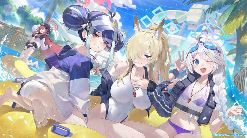 4girls, ;d, ahoge, animal_ears, antenna_hair, bare_legs, barefoot, bikini