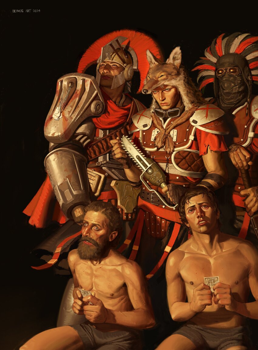 5boys, absurdres, armor, bandana, beard, black_background, blood, blood_on_face