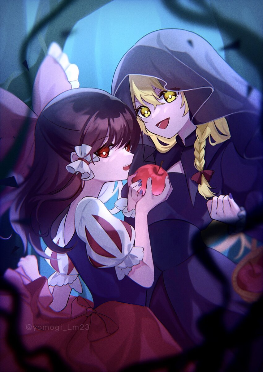 2girls, apple, basket, black_dress, blonde_hair, blue_corset, bow, braid