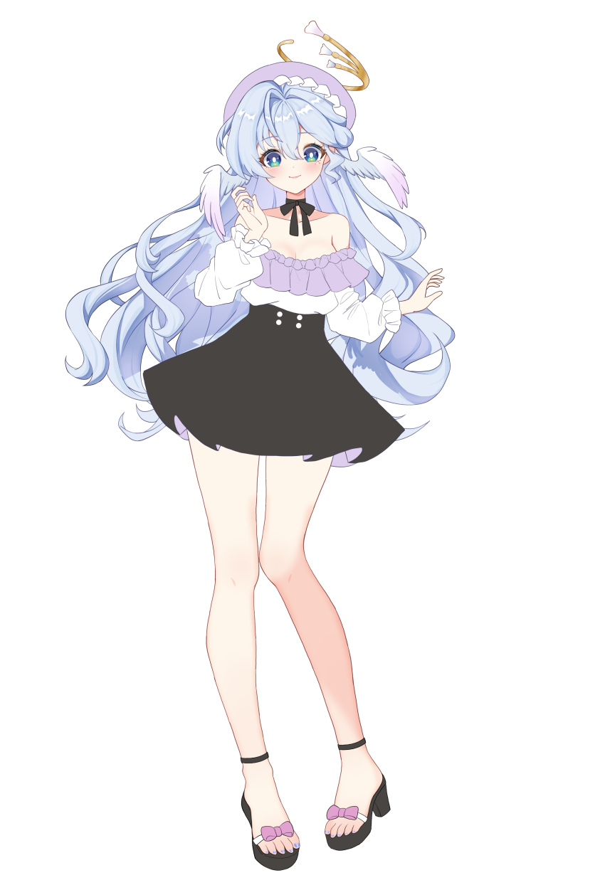 1girl, absurdres, alternate_costume, bare_shoulders, beret, black_footwear, black_skirt, blue_hair