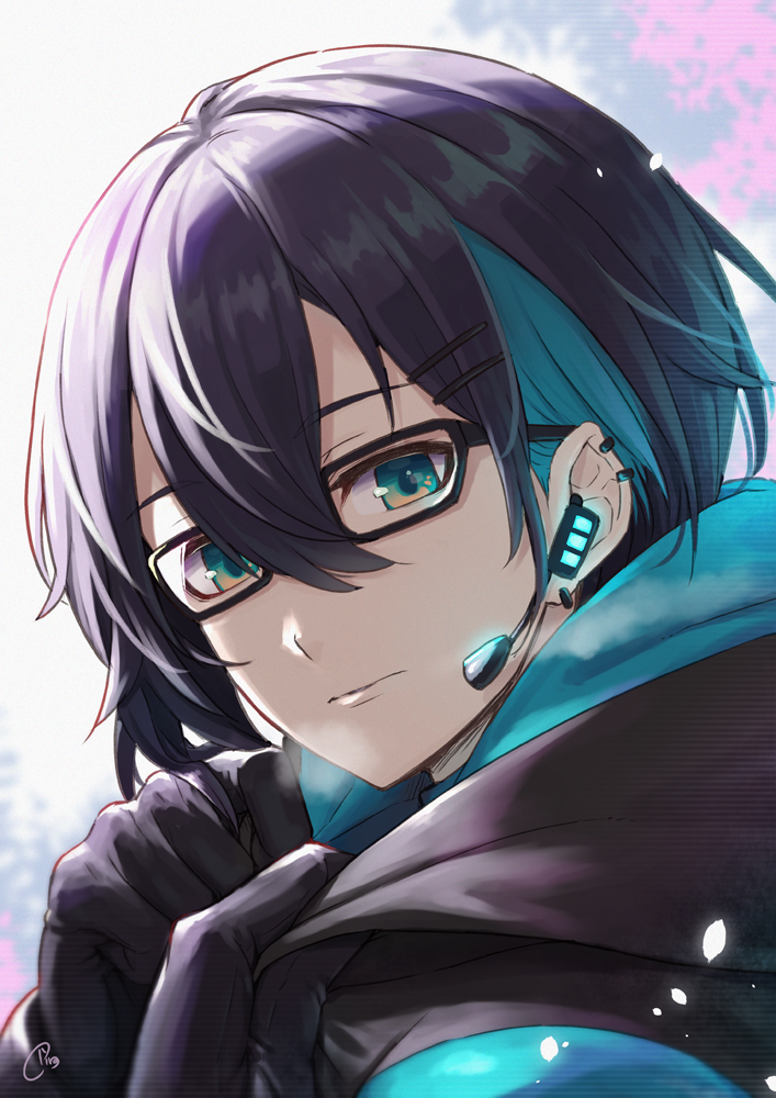 1boy, black_gloves, black_hair, black_jacket, blue_eyes, blue_hair, commentary_request, earpiece