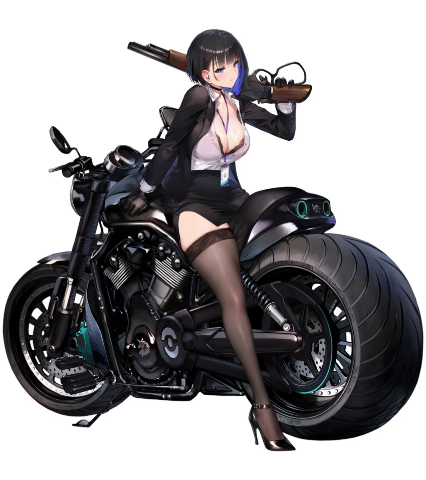 1girl, between_breasts, black_bra, black_footwear, black_gloves, black_hair, black_jacket, black_skirt