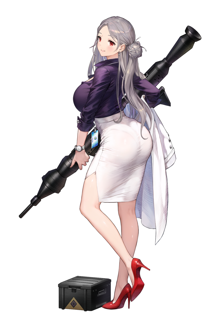 1girl, ammunition_box, ass, blush, breasts, brown_dust_(series), brown_dust_2, closed_mouth, from_behind, full_body, high-waist_skirt, high_heels, highres, holding, holding_weapon, id_card, jacket, jacket_on_arm, lanyard, large_breasts, long_hair, looking_at_viewer, looking_back, michaela_(brown_dust), office_lady, official_art, pantylines, purple_shirt, red_eyes, red_footwear, rocket_launcher, rpg_(weapon), second-party_source, shirt, sideboob, simple_background, skirt, smile, solo, standing, standing_on_one_leg, stiletto_heels, transparent_background, unworn_jacket, watch, weapon, white_hair, white_jacket, white_skirt, wristwatch