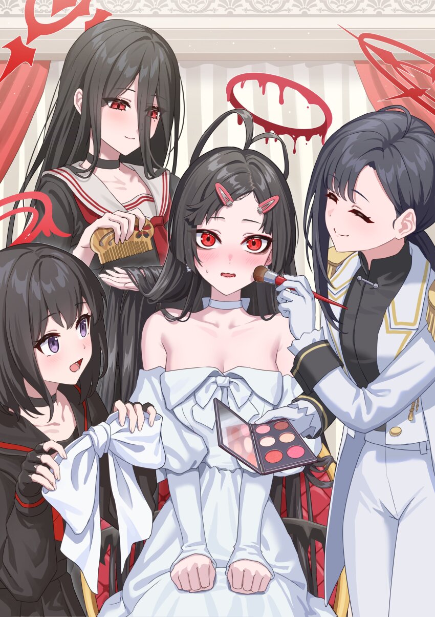 4girls, absurdres, applying_another's_makeup, applying_makeup, bags_under_eyes, bangs_pinned_back, bare_shoulders, black_choker