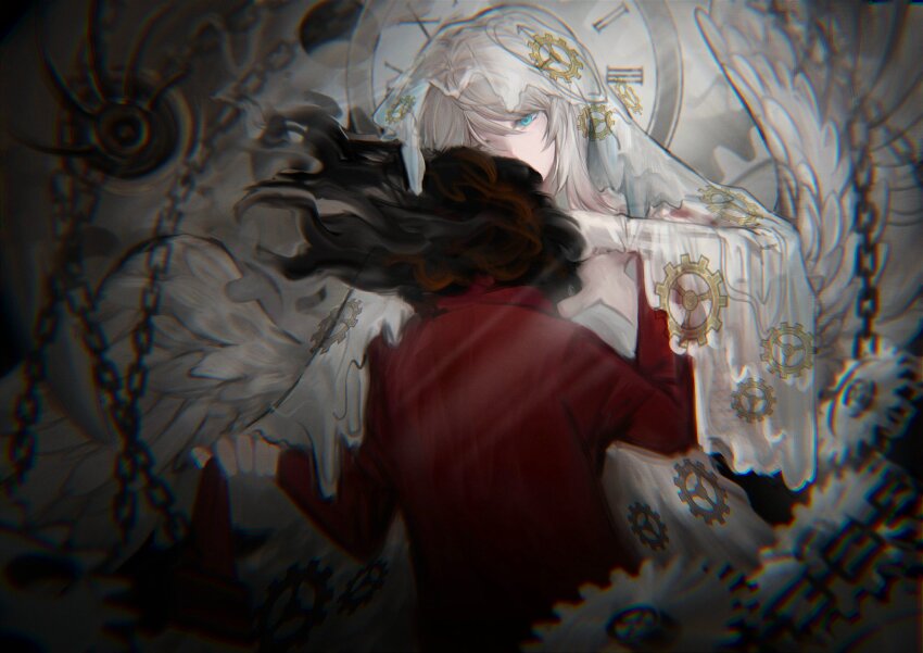 1girl, 1other, black_fire, blue_eyes, censored, censored_identity, chain, clock