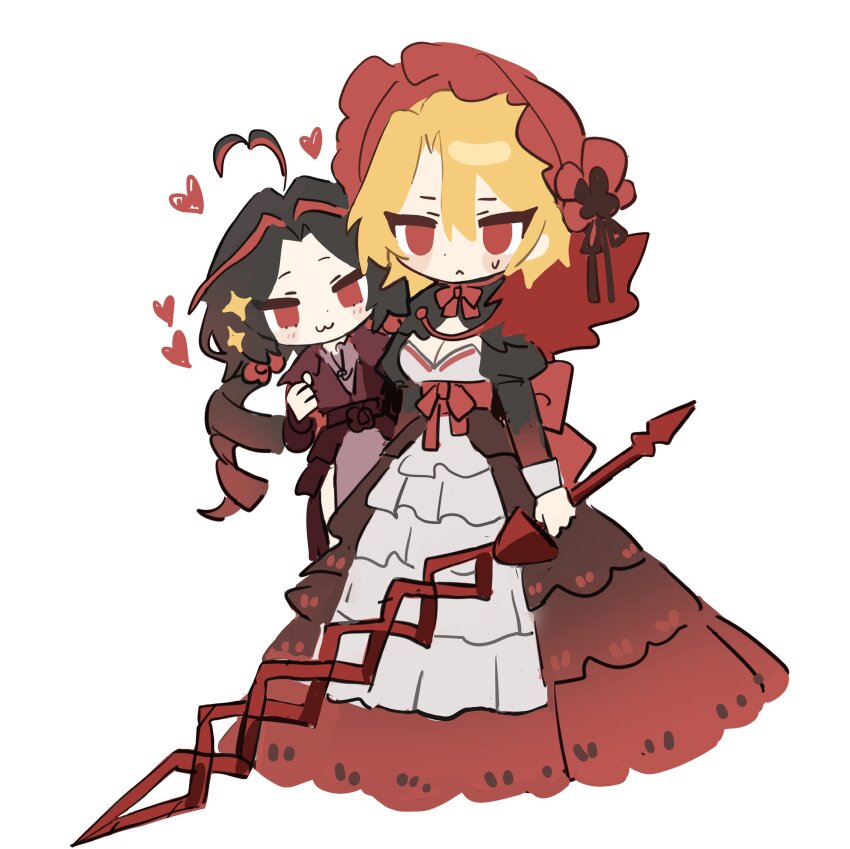 2girls, :3, absurdres, ahoge, black_dress, blonde_hair, bonnet, closed_mouth