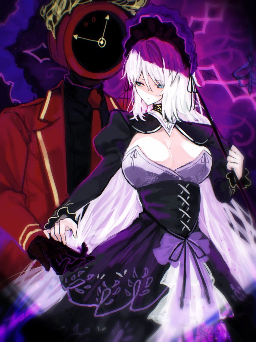 1girl, 1other, alternate_hair_length, alternate_hairstyle, black_corset, black_dress, black_shirt, bonnet, breasts, clock, coat, collared_shirt, corset, cosplay, dante_(limbus_company), dress, dulcinea_(project_moon), dulcinea_(project_moon)_(cosplay), faust_(project_moon), fire, gold_trim, highres, holding, holding_umbrella, lapels, large_breasts, limbus_company, long_hair, necktie, notched_lapels, object_head, parasol, project_moon, red_coat, red_necktie, shirt, starhoshi, umbrella, very_long_hair, white_hair