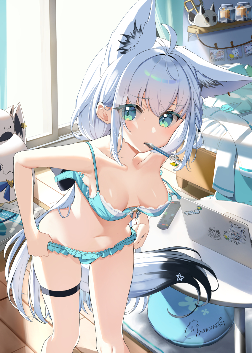 1girl, ahoge, animal_ear_fluff, animal_ears, aqua_eyes, blue_bra, blue_panties, bra, braid, breasts, cowboy_shot, fox_ears, fox_tail, frilled_panties, frills, highres, hololive, indoors, long_hair, medium_breasts, momone_cco, mouth_hold, navel, open_bra, panties, shirakami_fubuki, side_braid, solo, tail, thigh_strap, underwear, undressing, virtual_youtuber, white_hair