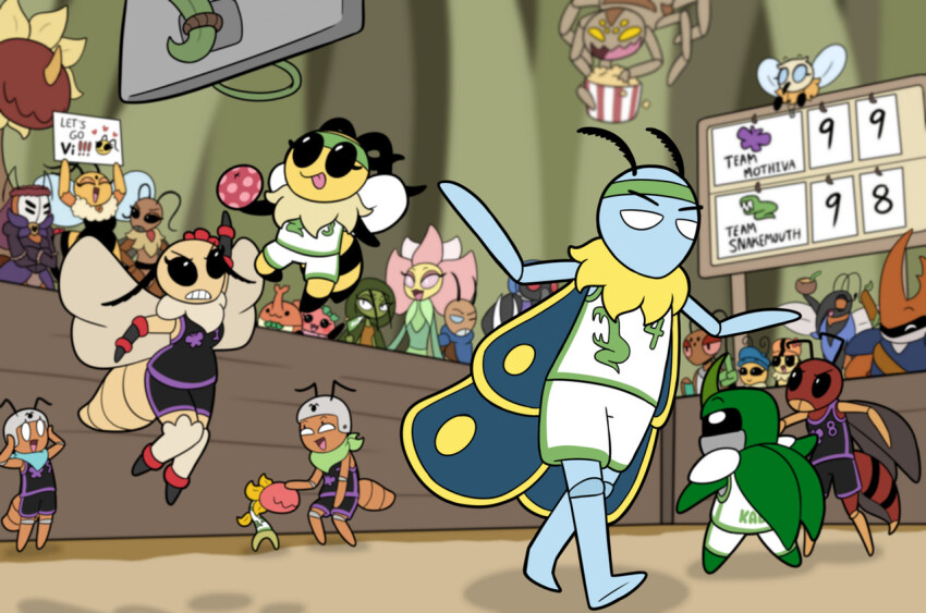 !, 1other, 6+boys, 6+girls, :3, acolyte_arya, alternate_costume, angry, annoyed, ant, ant_guard_(bug_fables), antennae, apron, arms_up, astotheles, bag, ball, basketball, basketball_hoop, bee, bee_fly, bee_wings, beetle, beret, berry, black_dress, black_eyes, black_shorts, black_skin, black_vest, black_wings, blocking_way, blue_cloak, blue_eyes, blue_hat, blue_scarf, blue_skin, blue_wings, blush, bow, bowtie, bug, bug_fables, cameo, cerise_(bug_fables), character_name, chompy_(bug_fables), clenched_teeth, cloak, closed_eyes, closed_mouth, colored_sclera, colored_skin, commentary, crossed_arms, crossover, cup, dark_skin, delilah_(bug_fables), dress, drink, drinking_straw, drunk, english_commentary, english_text, eri_(bug_fables), everyone, excited, eyelashes, flag, flower, flower_on_head, fly, food, frown, fry_(bug_fables), furry, gen_(bug_fables), gloves, grass, green_bow, green_bowtie, green_cloak, green_gloves, green_headband, green_hood, green_scarf, green_shorts, green_skin, green_vest, green_wings, half-closed_eyes, hand_on_own_knee, hand_up, hands_on_own_head, hands_on_own_hips, hard_hat, hat, hat_flower, headband, heart, helmet, holding, holding_bag, holding_ball, holding_cup, holding_drink, holding_flag, holding_food, holding_sign, holding_sword, holding_weapon, hollow_knight, hornet_(hollow_knight), horns, i_got_a_glock_in_my_'rari_(meme), index_finger_raised, insect, insect_wings, jaune_(bug_fables), jumping, kabbu_(bug_fables), knee_pads, leif_(bug_fables), looking_at_another, maki_(bug_fables), mask, meme, mosquito, moth, mother_chomper, mothiva, multiple_boys, multiple_girls, neck_fur, one_eye_closed, orange_dress, orange_eyes, orange_hat, orange_skin, outdoors, outstretched_arms, overseer_(bug_fables), petting, pink_skin, plant_monster, playing_sports, popcorn, proboscis, purple_apron, purple_dress, purple_shorts, purple_vest, queen, queen_bianca, queen_elizant_ii, queen_vanessa_ii_(bug_fables), red_eyes, red_flower, red_sclera, red_skin, samira_(bug_fables), scarab, scarf, scoreboard, shadow, shirt, shorts, shoulder_strap, sign, single_glove, single_horn, slam_dunk_(basketball), solid_eyes, spider, sportswear, spuder_(bug_fables), standing, stinger, stratos_(bug_fables), sword, tanjerin, teeth, tongue, tongue_out, tsunraptor, v-shaped_eyebrows, venus_(bug_fables), vest, vi_(bug_fables), wasp, weapon, white_shirt, white_shorts, white_vest, wings, yellow_eyes, yellow_leaves, yellow_skin, zasp