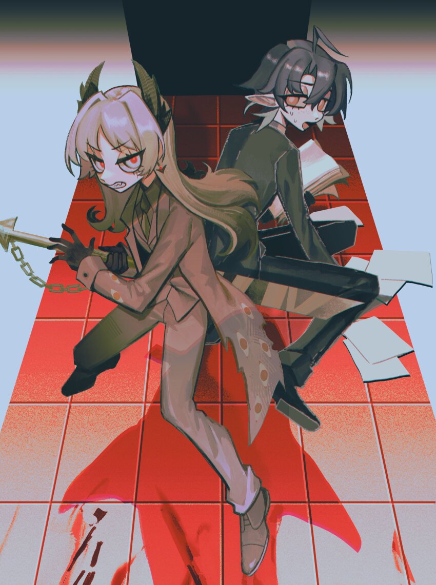 1boy, 1girl, absurdres, ahoge, arknights, black_coat, black_footwear, black_pants