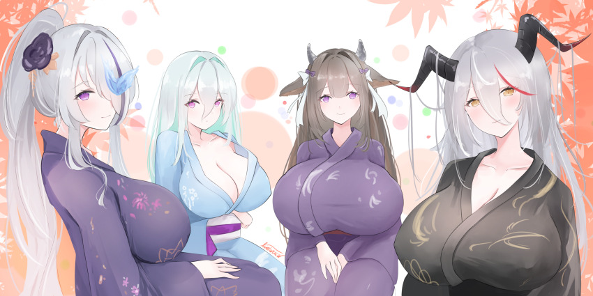 4girls, aegir_(azur_lane), animal_ears, artist_name, azur_lane, black_horns, black_kimono, blue_kimono