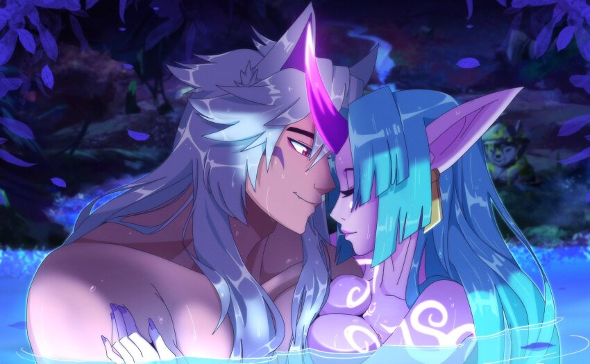 1boy, 1girl, animal, bathing, body_markings, breasts, bromaah, closed_mouth