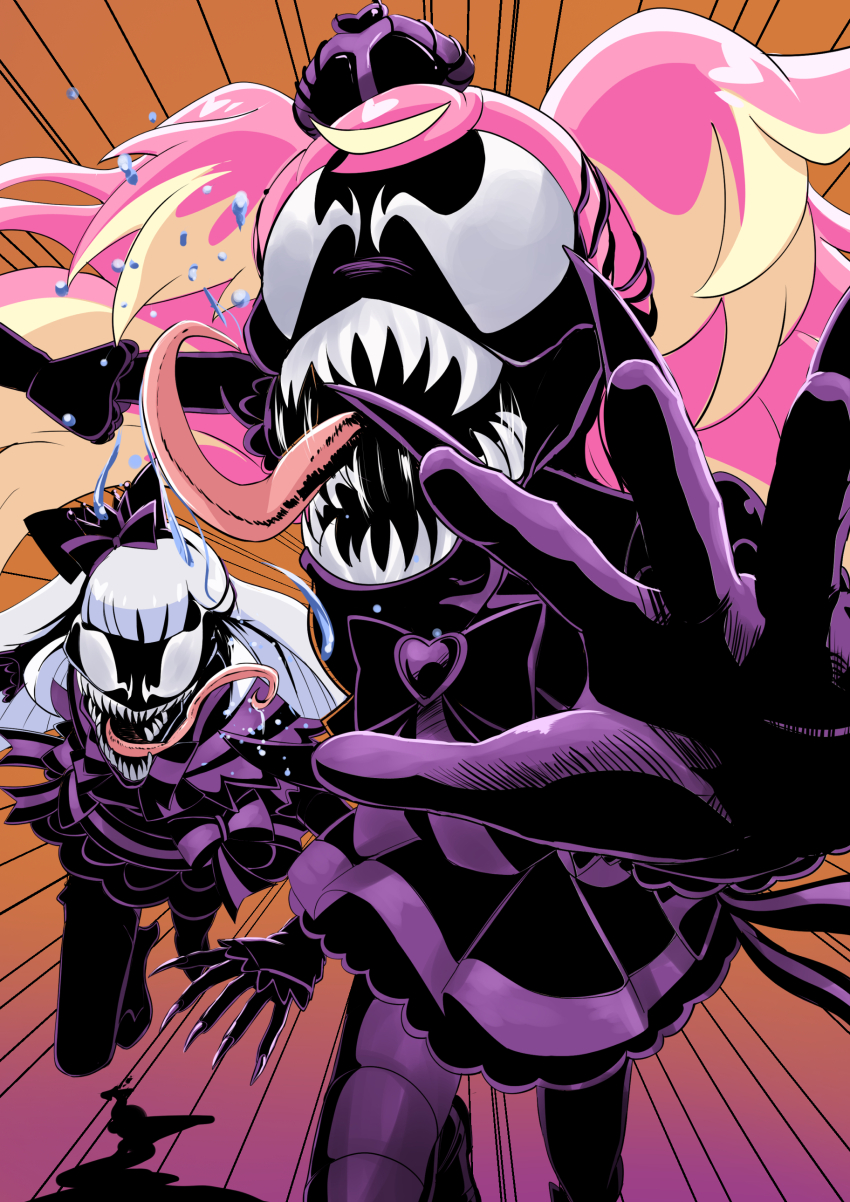 2girls, absurdres, black_bow, black_bowtie, black_dress, bow, bowtie, crossover