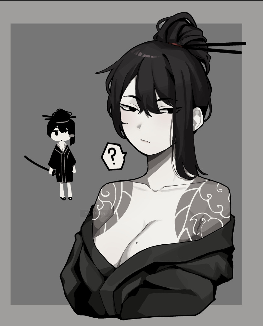 1girl, absurdres, artist_name, asymmetrical_bangs, bare_shoulders, black_kimono, breasts, chibi