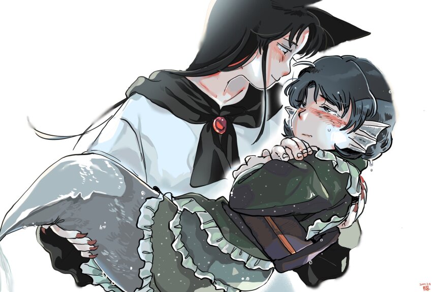2girls, animal_ears, black_hair, black_shawl, blue_hair, blush, brooch, carrying