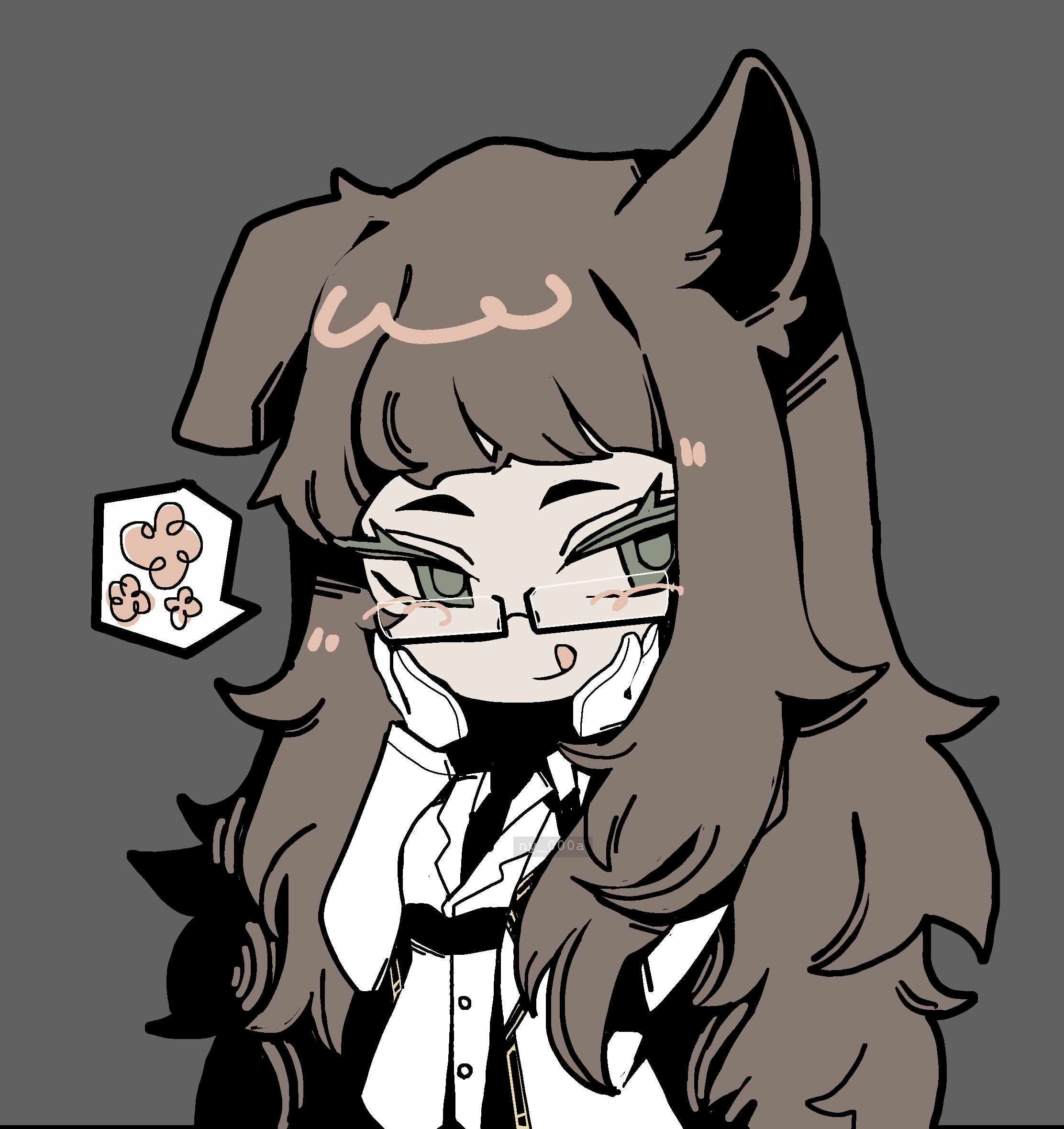 1girl, :q, animal_ears, artist_name, black_necktie, blunt_bangs, blush, breasts