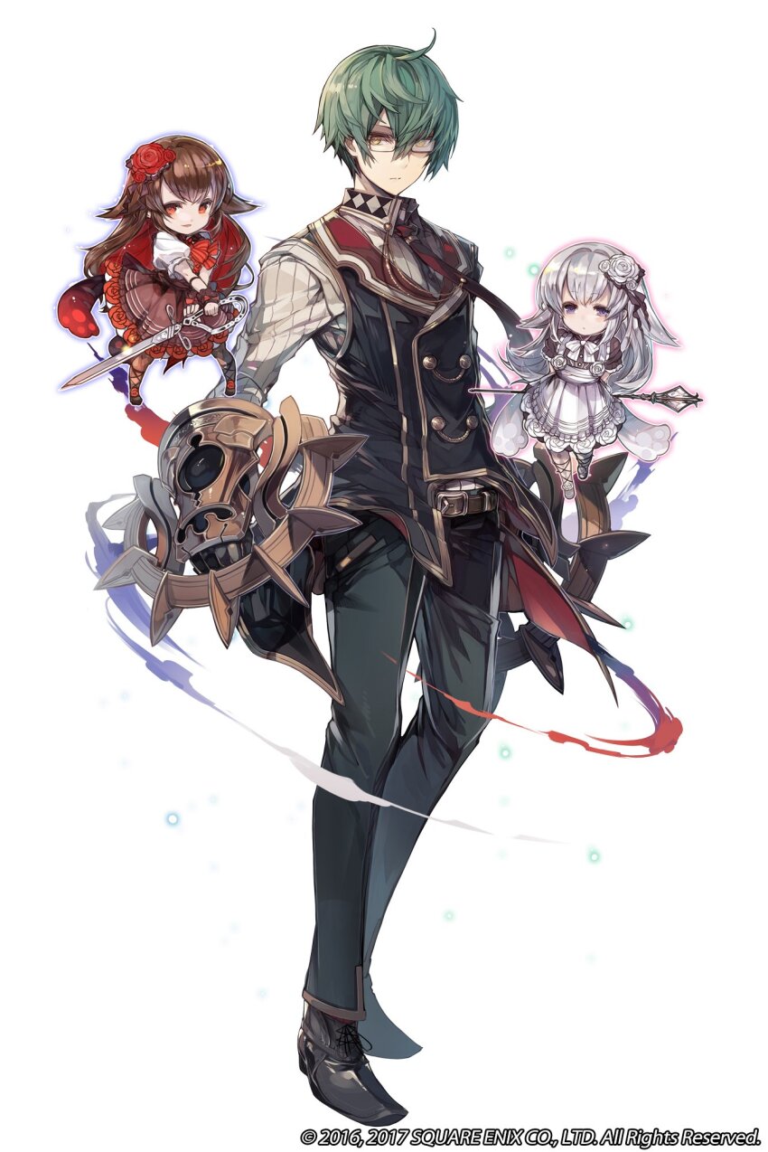 1boy, 2girls, ahoge, belt, black_footwear, chibi, copyright_notice, familiar, floating, full_body, gauntlets, glasses, green_hair, grimms_notes, highres, holding, holding_staff, holding_sword, holding_weapon, hosato_mikine, jacob_grimm_(grimms_notes), multiple_girls, official_art, red_rose_(grimms_notes), shoes, short_hair, staff, sword, weapon, white_background, white_rose_(grimms_notes), yellow_eyes