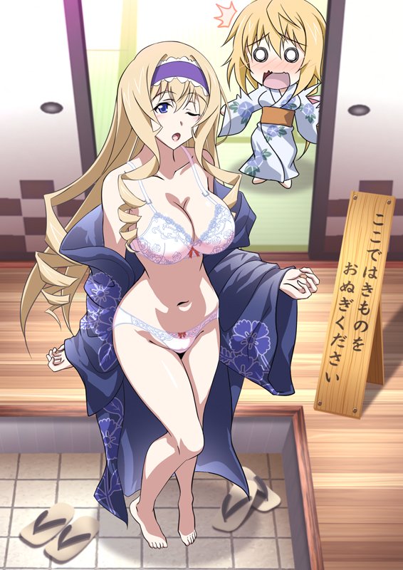 2girls, barefoot, bath_yukata, blonde_hair, blue_eyes, blue_hairband, bra, breasts