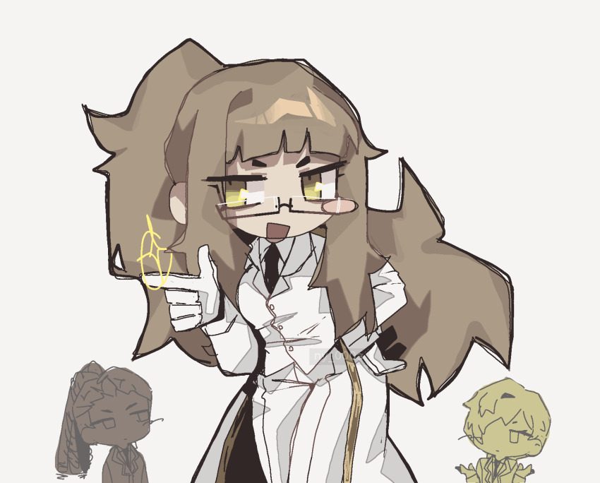 1boy, 2girls, :d, artist_name, blunt_bangs, blush, brown_hair, buttons