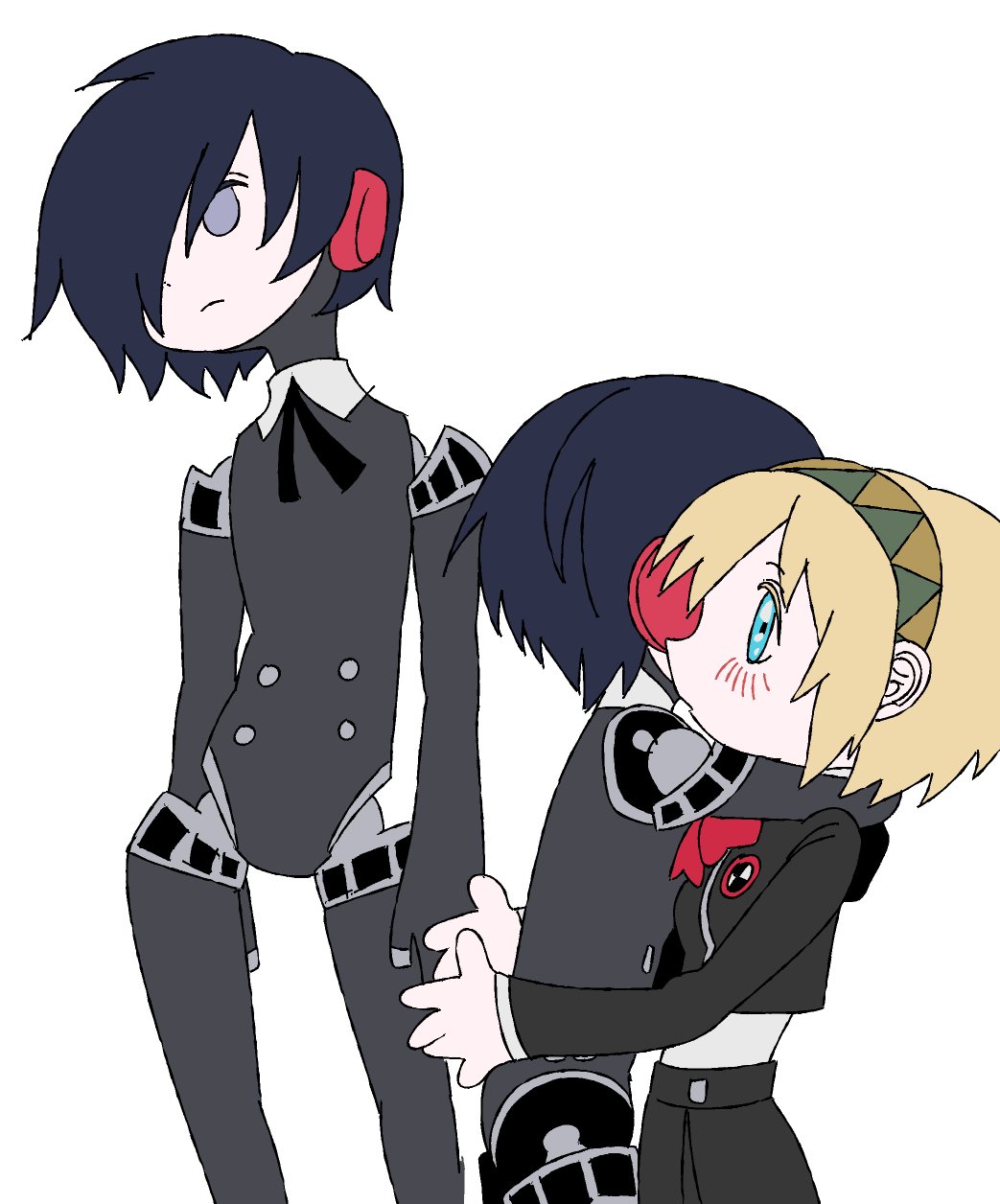 1boy, 1girl, aigis_(persona), alternate_universe, android, arms_around_neck, black_bow, black_bowtie, black_jacket, black_skirt, blonde_hair, blue_eyes, blue_hair, blush, bow, bowtie, empty_eyes, gekkoukan_high_school_uniform, hand_on_another's_waist, headband, headphones, hetero, highres, hug, humanoid_robot, jacket, joints, jukgidoraon, looking_at_another, persona, persona_3, red_bow, red_bowtie, robot, robot_boy, robot_ears, robot_joints, role_reversal, school_emblem, school_uniform, shirt, short_hair, skirt, sparkling_eyes, white_shirt, yuuki_makoto_(persona_3), zipper