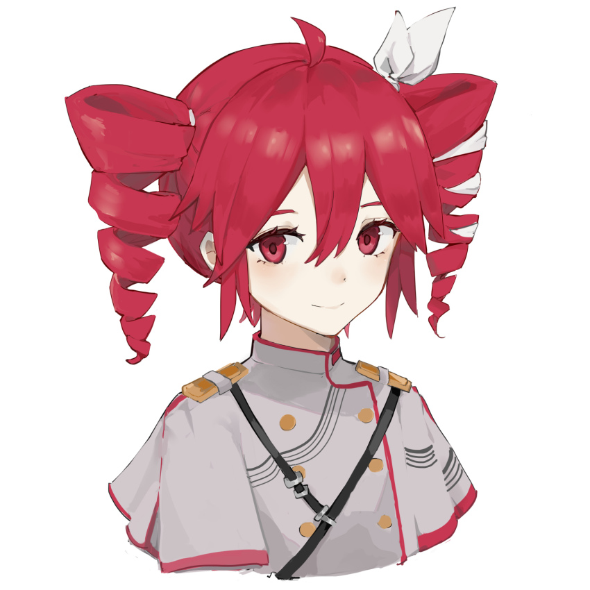 1girl, ahoge, belt, black_belt, blush, bow, cropped_arms, double-parted_bangs, drill_hair, grey_jacket, hair_between_eyes, hair_bow, hair_ribbon, highres, jacket, kasane_teto, kasane_teto_(sv), mizhou_(mzhu112646), musical_staff, red_eyes, red_hair, red_trim, ribbon, shoulder_belt, shoulder_boards, simple_background, smile, solo, striped_clothes, striped_jacket, synthesizer_v, twin_drills, utau, white_background, white_bow, white_ribbon