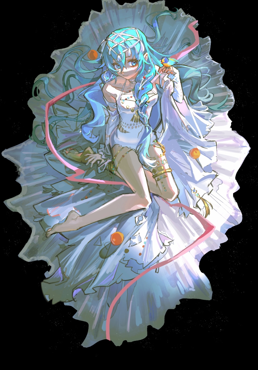 1girl, 37_(down_in_the_grotto)_(reverse:1999), 37_(reverse:1999), arm_support, bare_legs, bare_shoulders, barefoot, bird