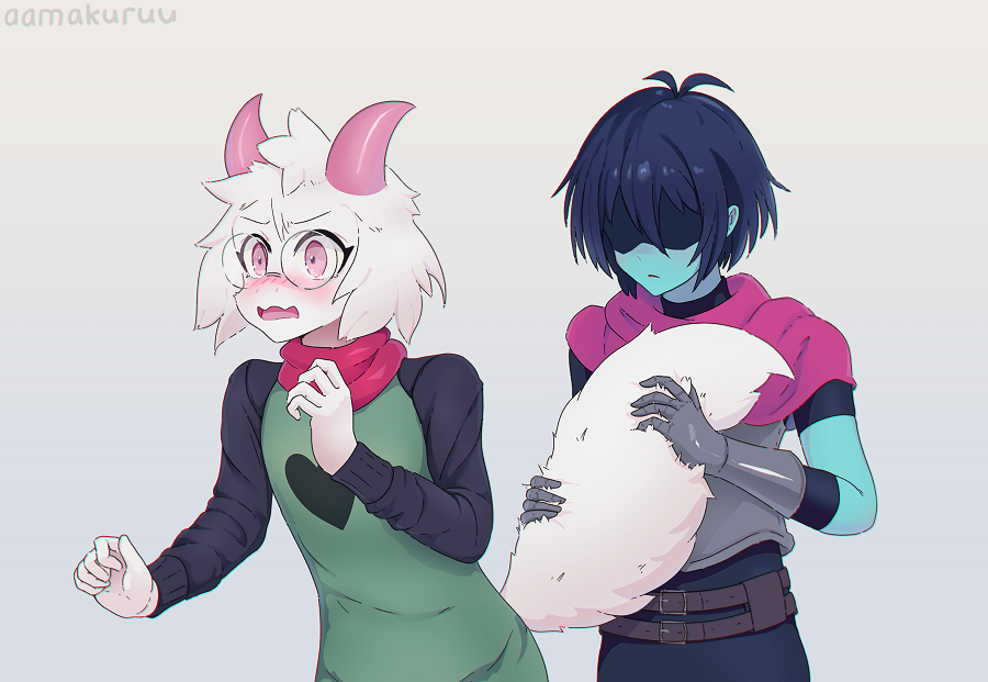 1boy, 1other, aamakuruu, blue_skin, blush, colored_skin, covered_eyes, deltarune