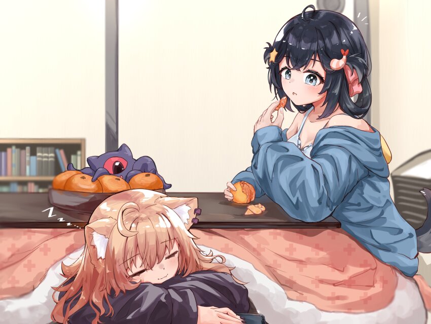 2girls, absurdres, ahoge, alheitrakzoth, animal_ear_fluff, animal_ears, black_hair, blonde_hair