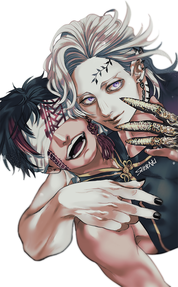 2boys, arm_around_shoulder, arm_over_shoulder, armor, bare_shoulders, black_hair, black_nails, blindfold