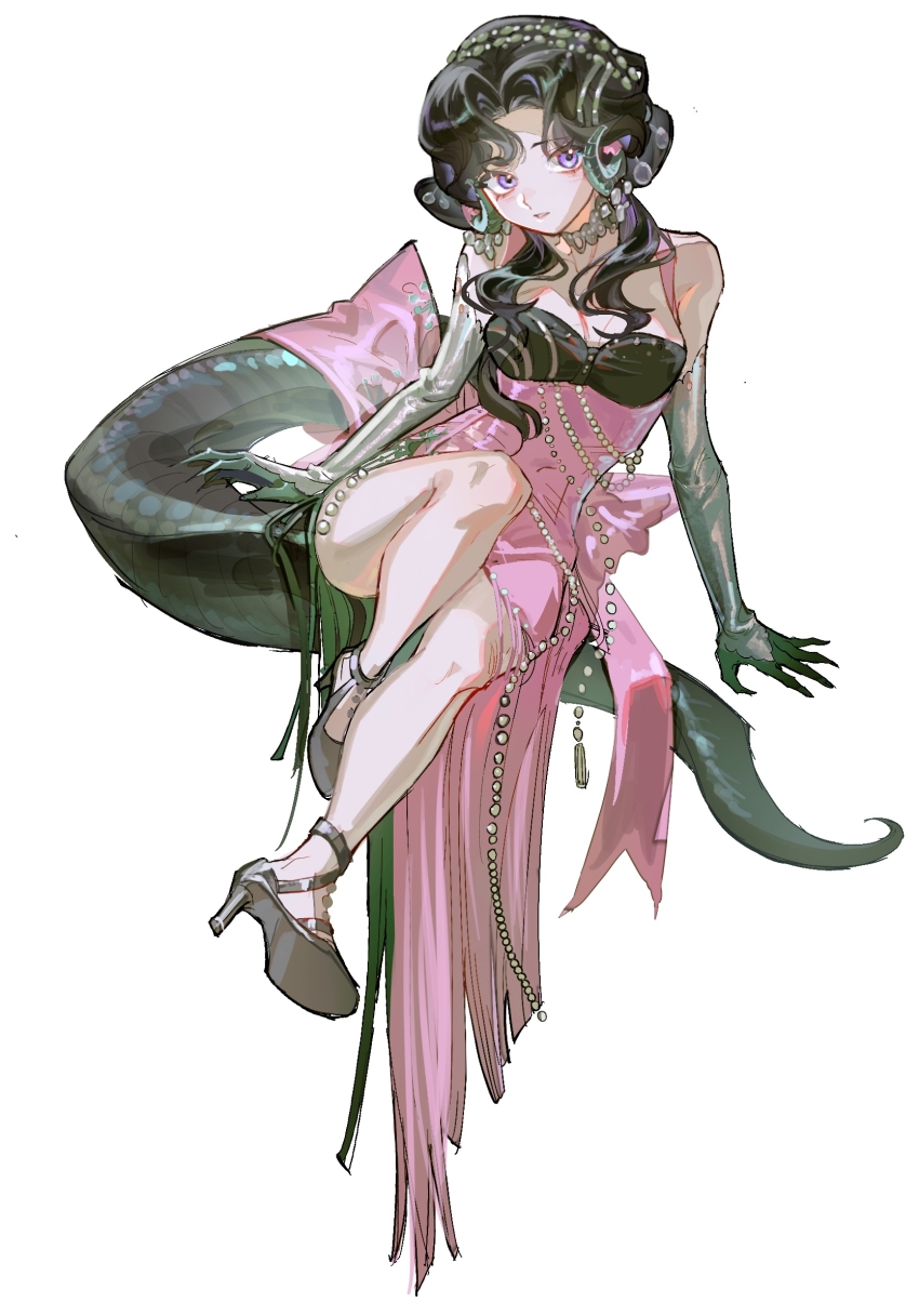 1girl, anjo_nala, bare_shoulders, black_hair, breasts, curled_horns, demon_horns, dress