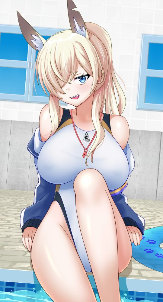 1girl, animal_ear_fluff, animal_ears, blonde_hair, blue_archive, blue_eyes, blue_jacket, breasts