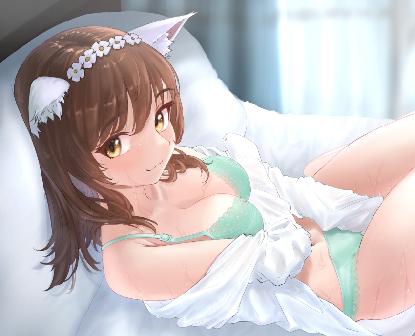 1girl, :3, absurdres, animal_ear_fluff, animal_ears, aqua_bra, aqua_panties, arm_under_breasts