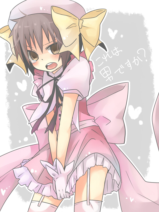 10s, 1boy, aikawa_ayumu, bow, brown_eyes, brown_hair, covering_privates, crossdressing