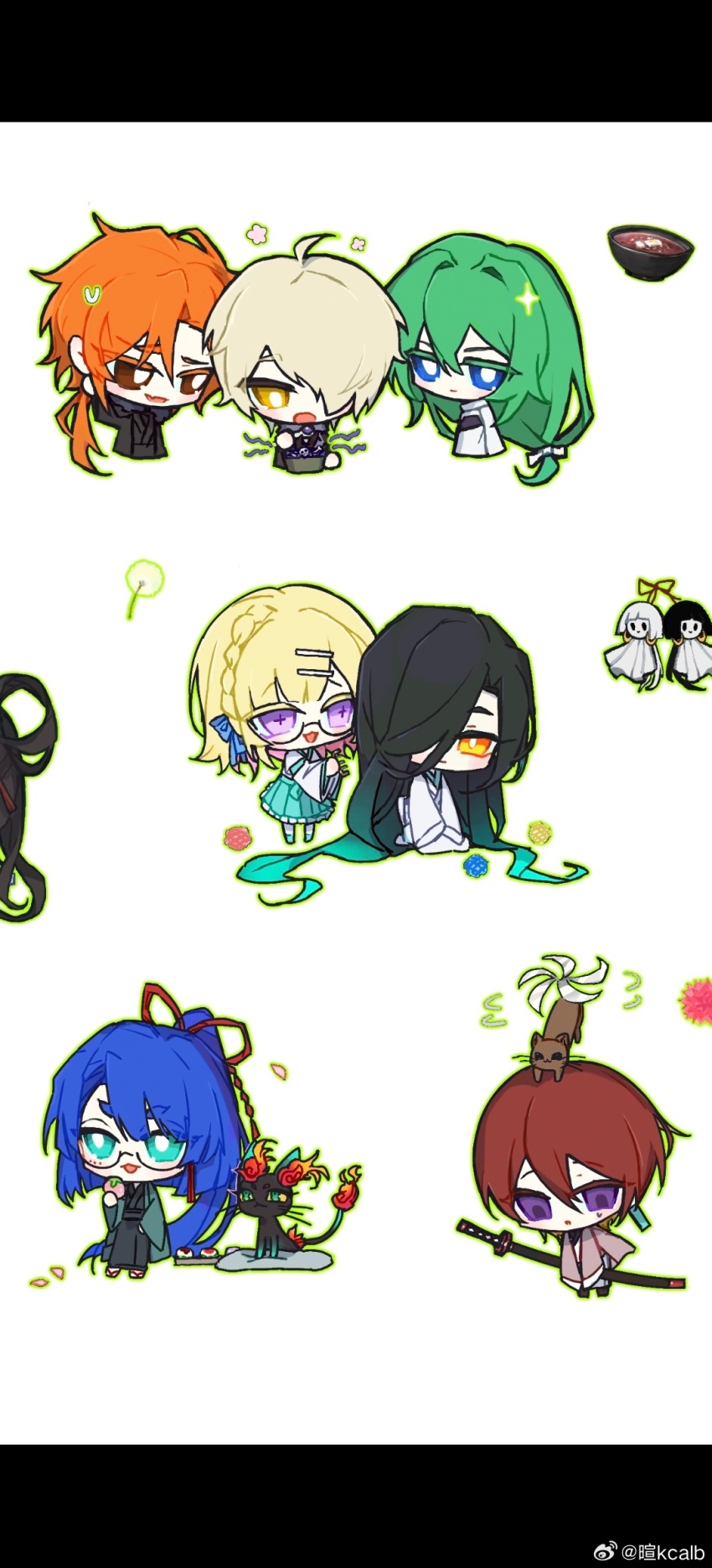 3boys, 3girls, absurdly_long_hair, ahoge, aqua_hair, aqua_skirt, black_hair, black_kimono