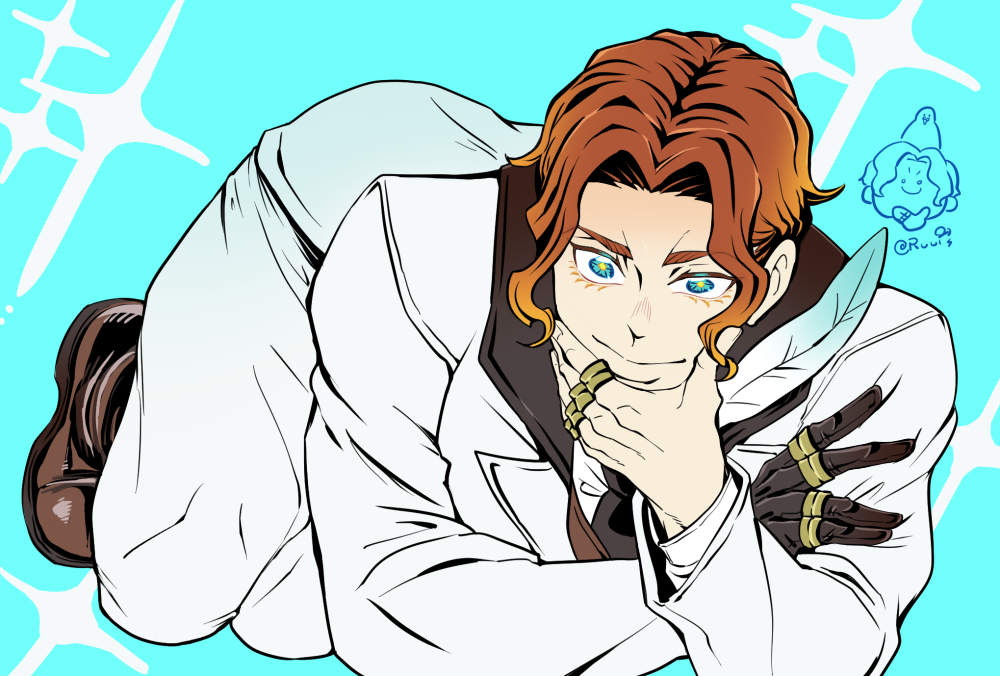 1boy, ass, black_jacket, black_necktie, blue_background, blue_eyes, boots, brown_boots