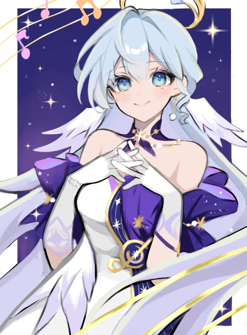 1girl, bare_shoulders, beamed_eighth_notes, blue_eyes, blue_hair, border, detached_sleeves, dress