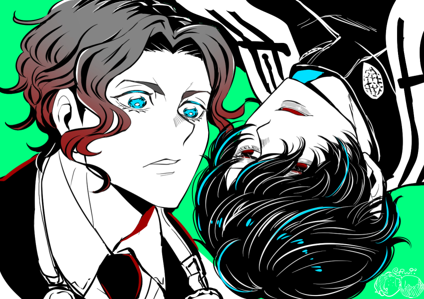 2boys, beelzebub_(shuumatsu_no_valkyrie), blue_eyes, curly_hair, goggles, goggles_around_neck, green_background, greyscale