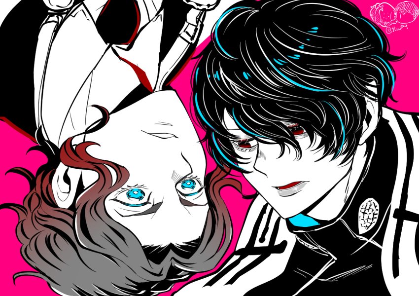 2boys, beelzebub_(shuumatsu_no_valkyrie), blue_eyes, curly_hair, goggles, goggles_around_neck, greyscale, greyscale_with_colored_background