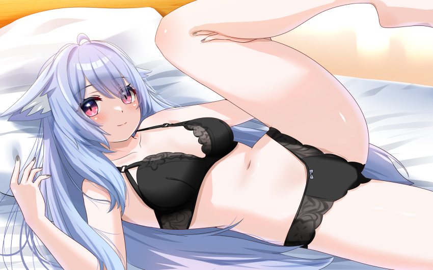 1girl, animal_ear_fluff, animal_ears, bare_arms, bare_legs, bare_shoulders, barefoot, black_bra