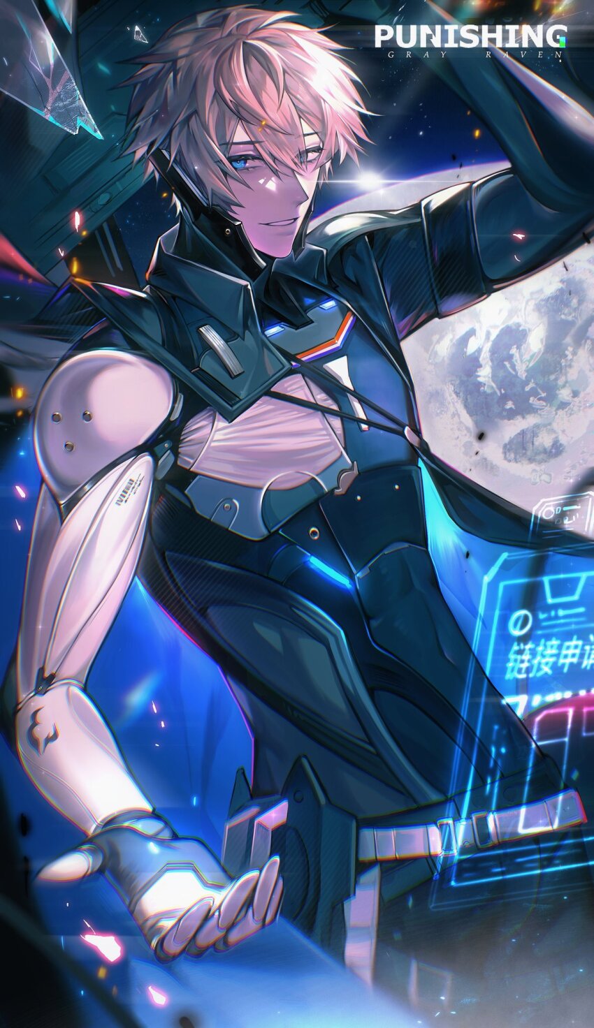 1boy, blonde_hair, blue_eyes, copyright_name, hair_between_eyes, highres, kakukaku666, lee:_hyperreal_(pgr)