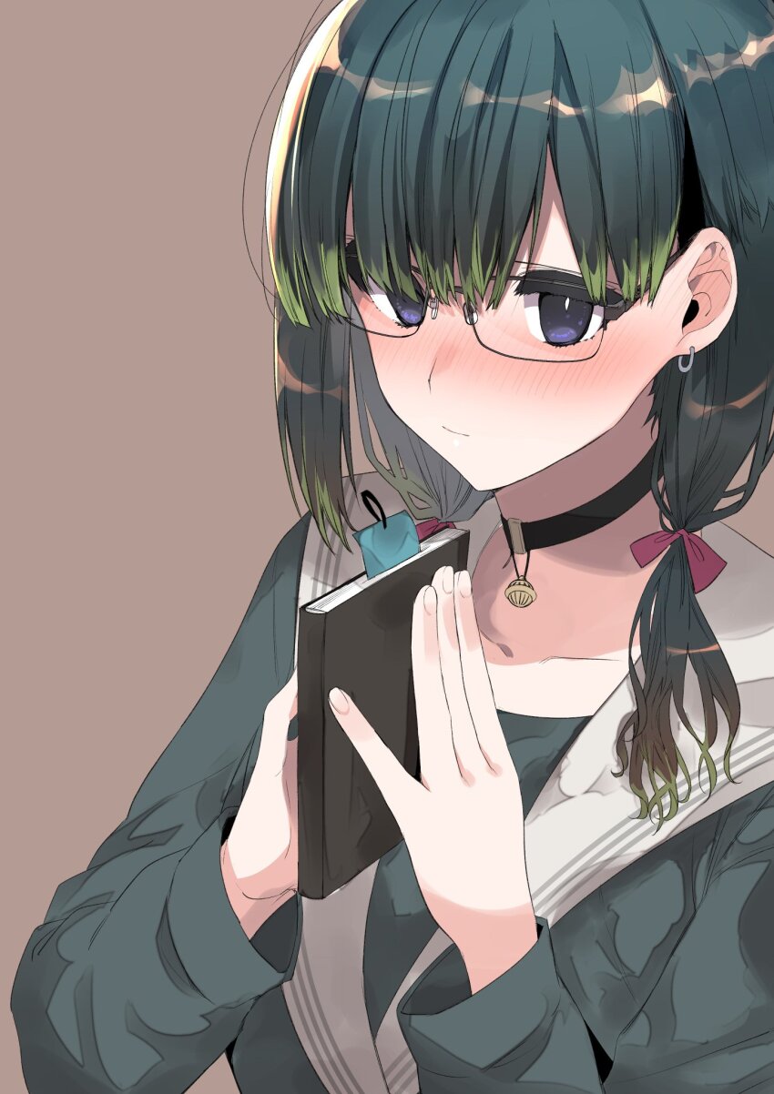 1girl, bell, blush, brown_background, choker, closed_mouth, earrings, female_focus