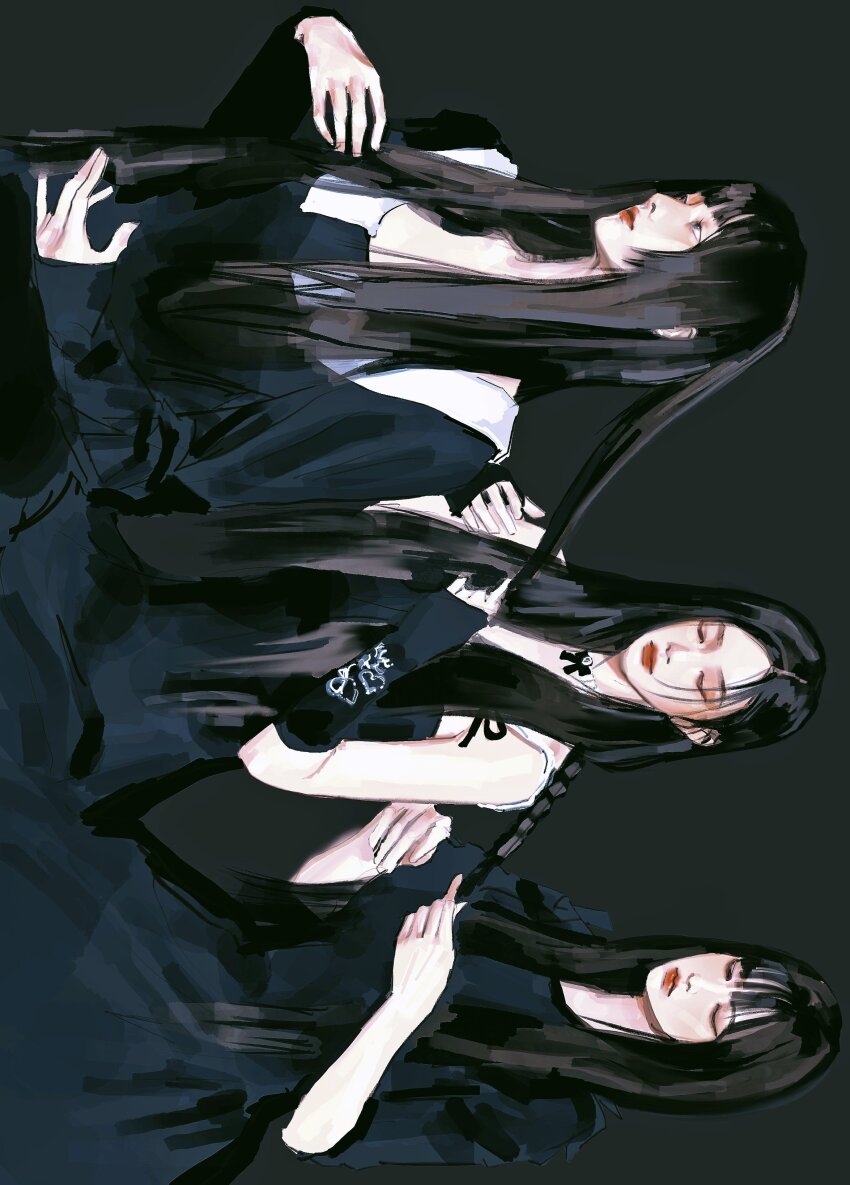 3girls, absurdres, black_background, black_dress, black_hair, blunt_bangs, closed_mouth, commentary