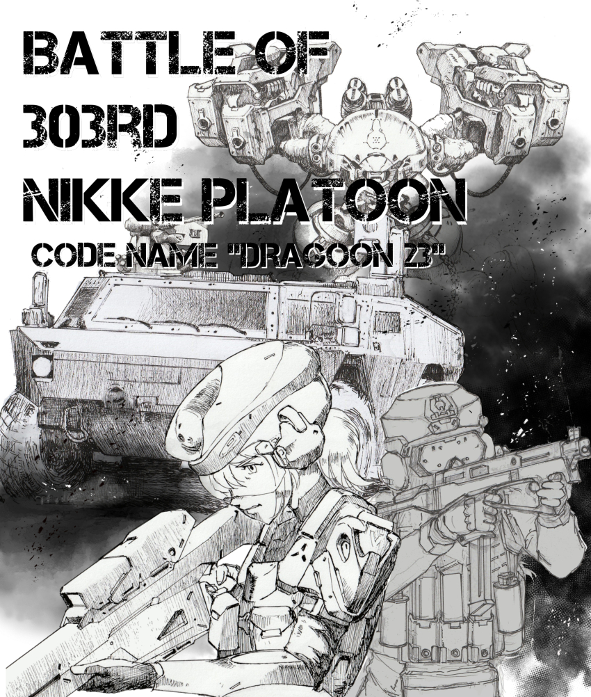 2girls, absurdres, armor, closed_mouth, combat_helmet, comic_cover, commentary_request, ear_protection